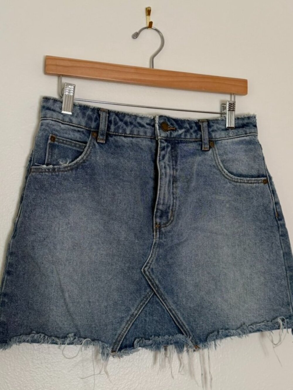 Rolla’s Claudia High Rise A-Line Denim Mini Skirt Size 27 Distressed Raw Hem